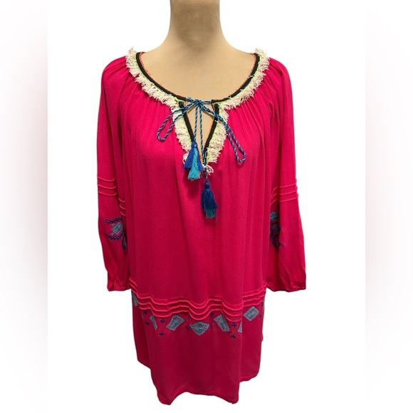 Hayden LA Women's Plus Mini Dress Tunic 1XL Fuchsia Embroidery Tassel Tie Fringe - Picture 4 of 12